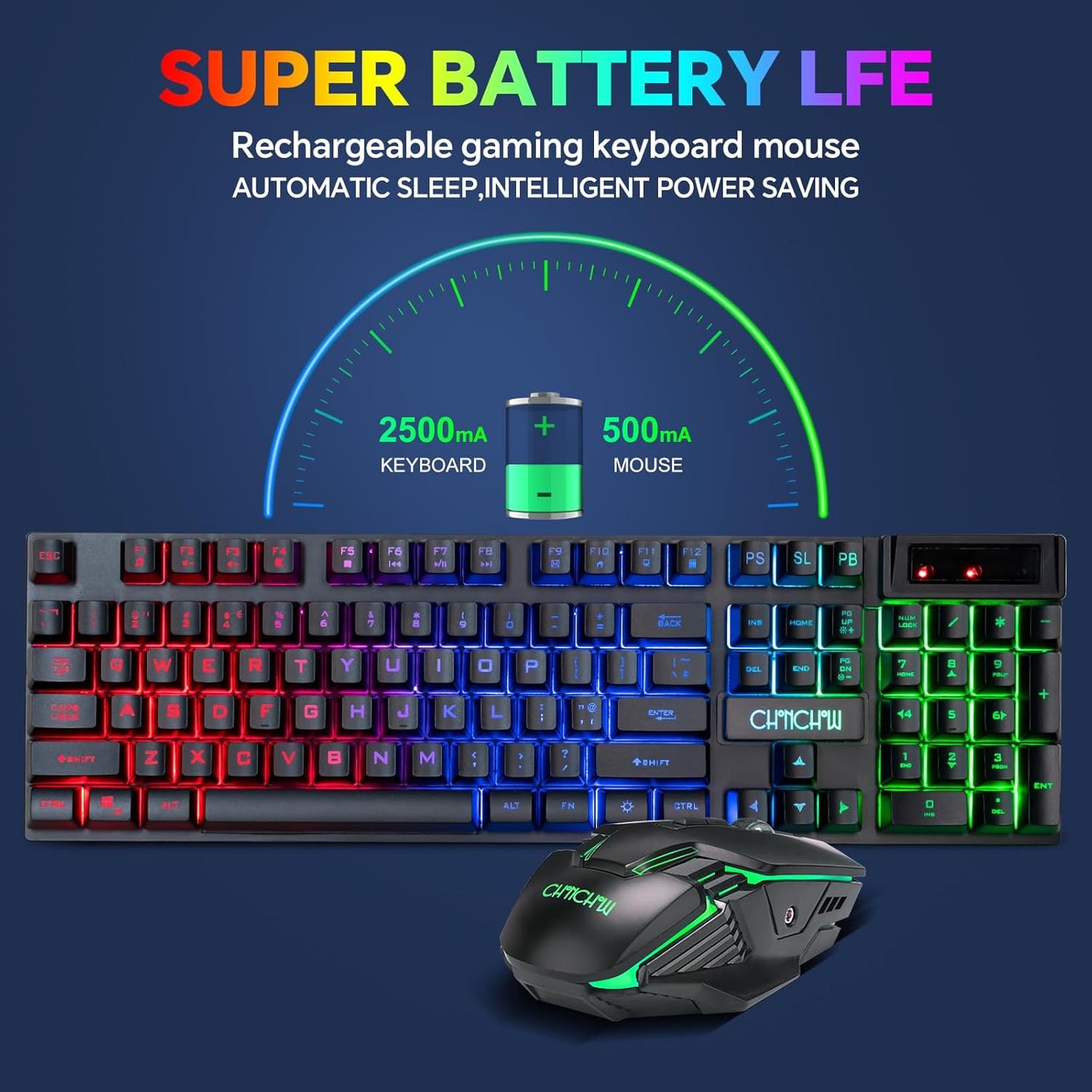 CHONCHOW USB Wireless Gaming Keyboard and Mouse Combo, LED Backlit Ergonomic Mechanical Feeling Keyboard,Rechargeable 2500mAh Battery, Anti-ghosting Keyboard 7D 3600DPI Mice for PC Gamer - CHONCHOW