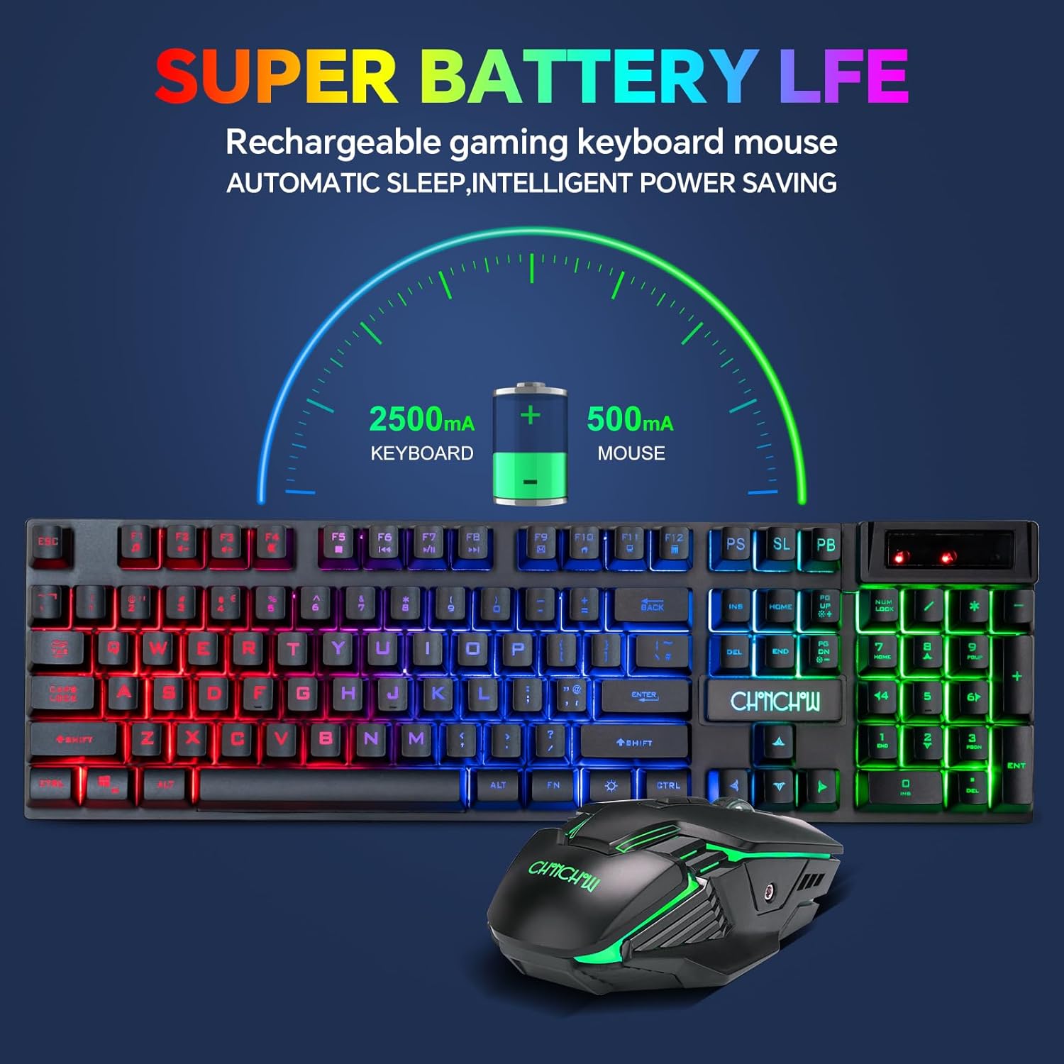 CHONCHOW USB Wireless Gaming Keyboard and Mouse Combo, LED Backlit Ergonomic Mechanical Feeling Keyboard,Rechargeable 2500mAh Battery, Anti-ghosting Keyboard 7D 3600DPI Mice for PC Gamer - CHONCHOW