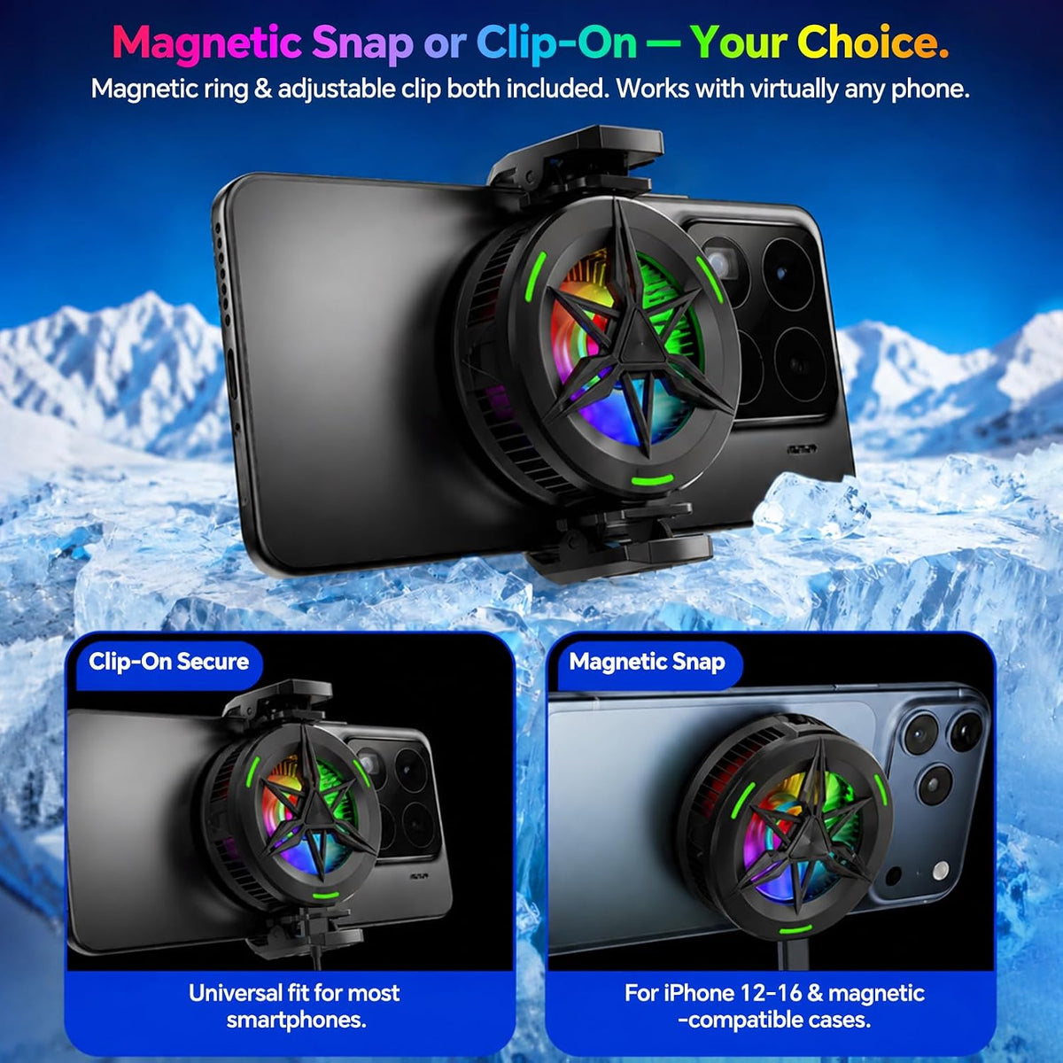 Magnetic/Clip-On USB Phone Cooler for Gaming/Video/Live/Vlog,Cell Phone Fan