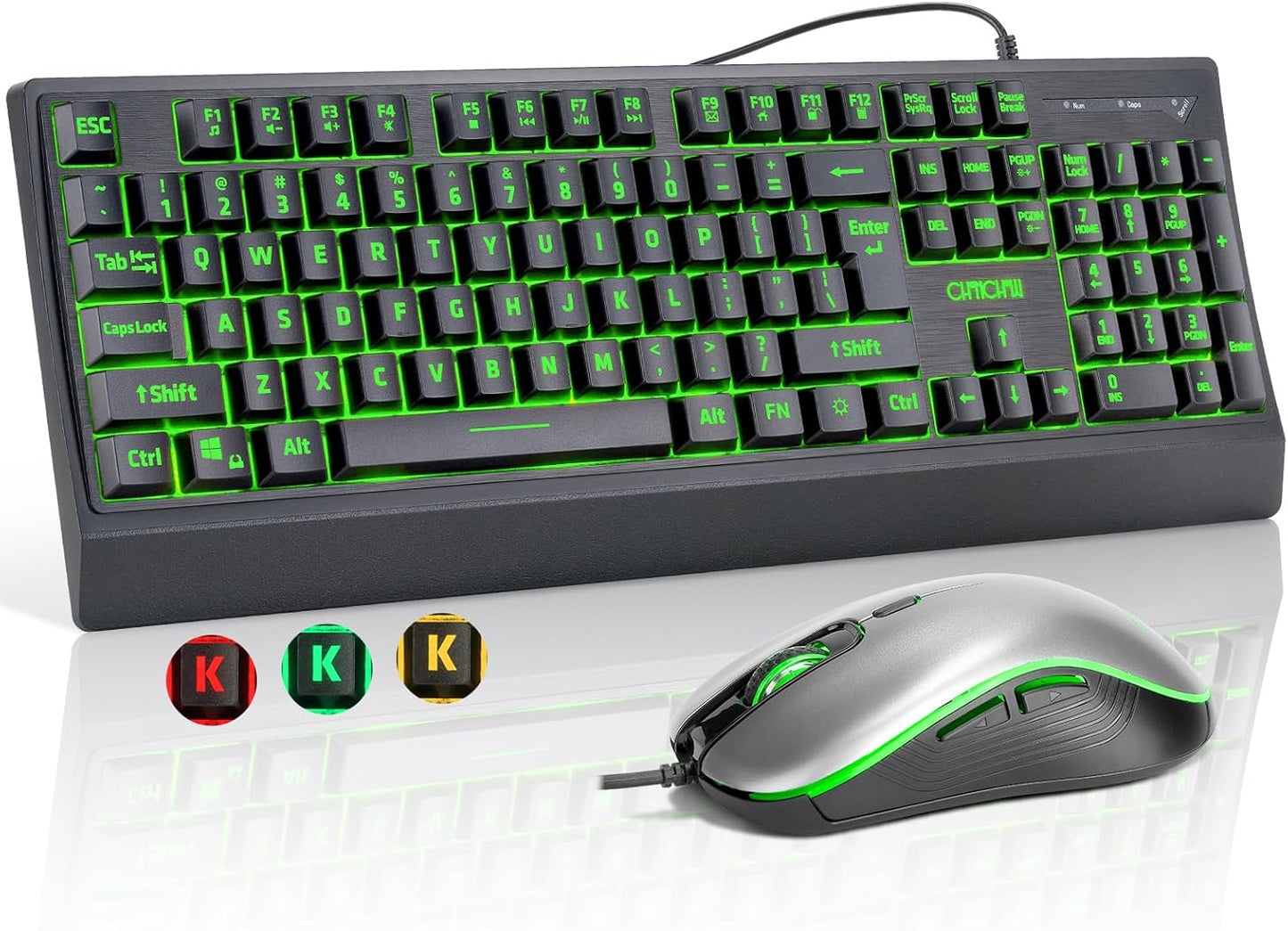 USB Wired Keyboard and Mouse Combo with Red-Yellow-Green LED, Silent Gaming Keyboard with 12 Mulitmedia Keys, Light Up Large Print for Elderly, Low Vision, RGB Backlit Mouse for PC Computer PS5 Laptop - CHONCHOW