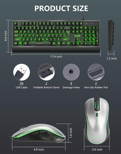 USB Wired Keyboard and Mouse Combo with Red-Yellow-Green LED, Silent Gaming Keyboard with 12 Mulitmedia Keys, Light Up Large Print for Elderly, Low Vision, RGB Backlit Mouse for PC Computer PS5 Laptop - CHONCHOW