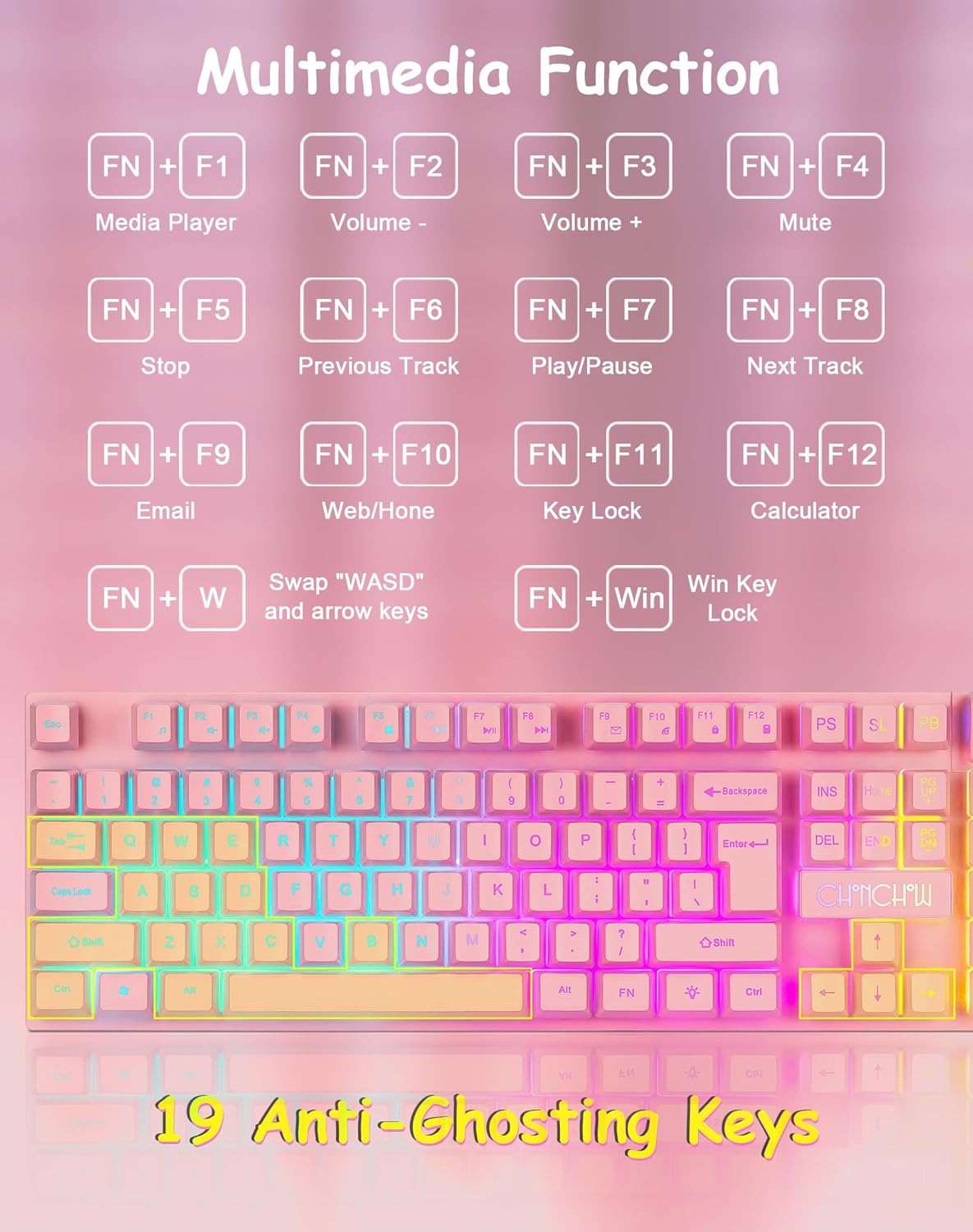 Light Up Cute Pink Gaming Keyboard, 104 Keys Full Size, Number Pad, 19 Keys Anti-Ghosting, Multimedia Function Keys, 3 Colors LED Backlit, USB Wired Creamy Keyboard for PC, Computer, Desktop, Laptop - CHONCHOW
