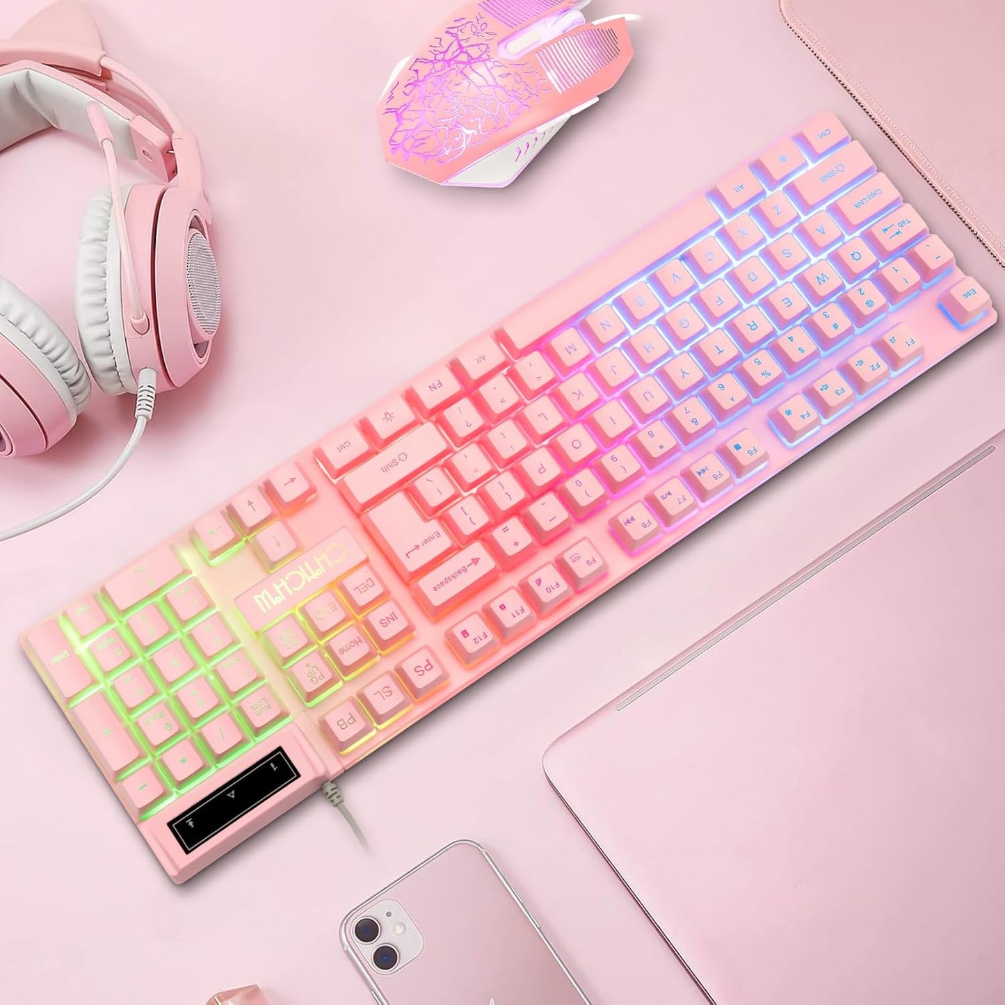 Pink Keyboard and Mouse Game USB Wired Kawaii ComboRGB Backlight Non conflicting Brown Mechanical Switch Feeling 4200DPI Mouse PC Game Console PS4 PS5 - CHONCHOW
