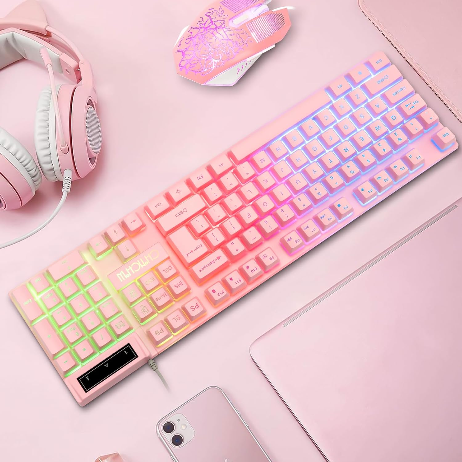 Pink Keyboard and Mouse Game USB Wired Kawaii ComboRGB Backlight Non conflicting Brown Mechanical Switch Feeling 4200DPI Mouse PC Game Console PS4 PS5 - CHONCHOW