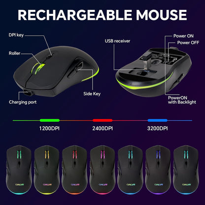 CHONCHOW 60% Wireless Gaming Keyboard and Mouse Combo, RGB Backlit Rechargeable LED Light Up Keyboards,Wireless Gaming Mouse and Keyboard for Xbox PS4 PS5 PC Laptop -Black - CHONCHOW