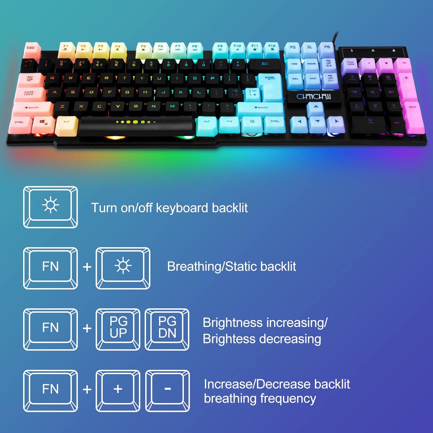 Gaming Keyboard Mouse Combo Rainbow LED Backlit Ambient Light Illuminated Character Wired USB Keyboard Mice Compatible with Windows XP/7/10 iMac MacBook PS4 PS5 Xbox one - CHONCHOW