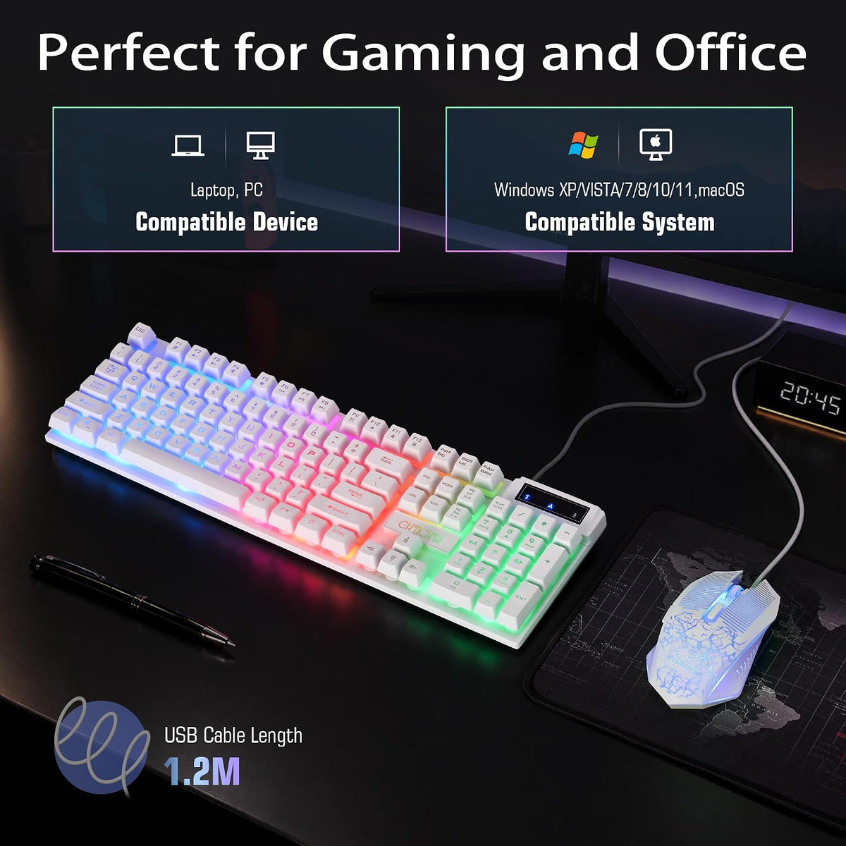 CHONCHOW 1910 White Gaming Keyboard and Mouse LED Backlit 104Keys Full Size - CHONCHOW