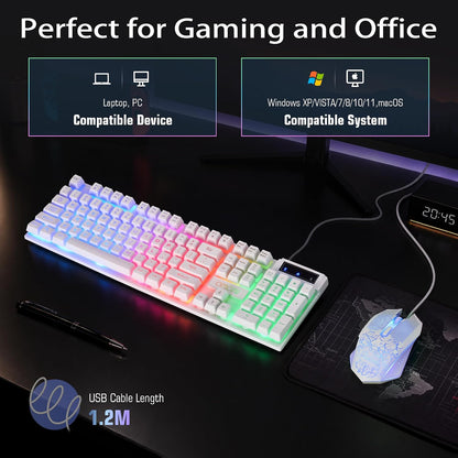 CHONCHOW 1910 White Gaming Keyboard and Mouse LED Backlit 104Keys Full Size - CHONCHOW