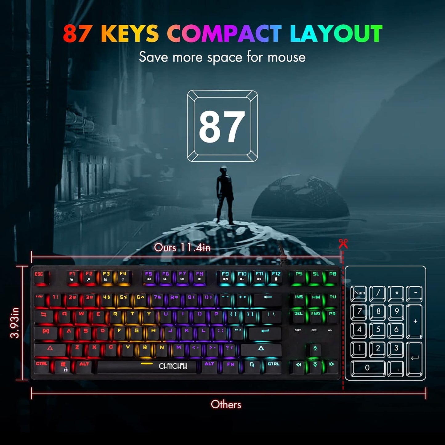 CHONCHOW Mechanical Gaming Keyboard and Mouse Combo TKL 87 Keys Blue Switche RGB Rainbow Backlit Keyboard 3200DPI Mice with 6 Button Value Combo for PS4 Xbox Laptop Windows PC Gamer - CHONCHOW