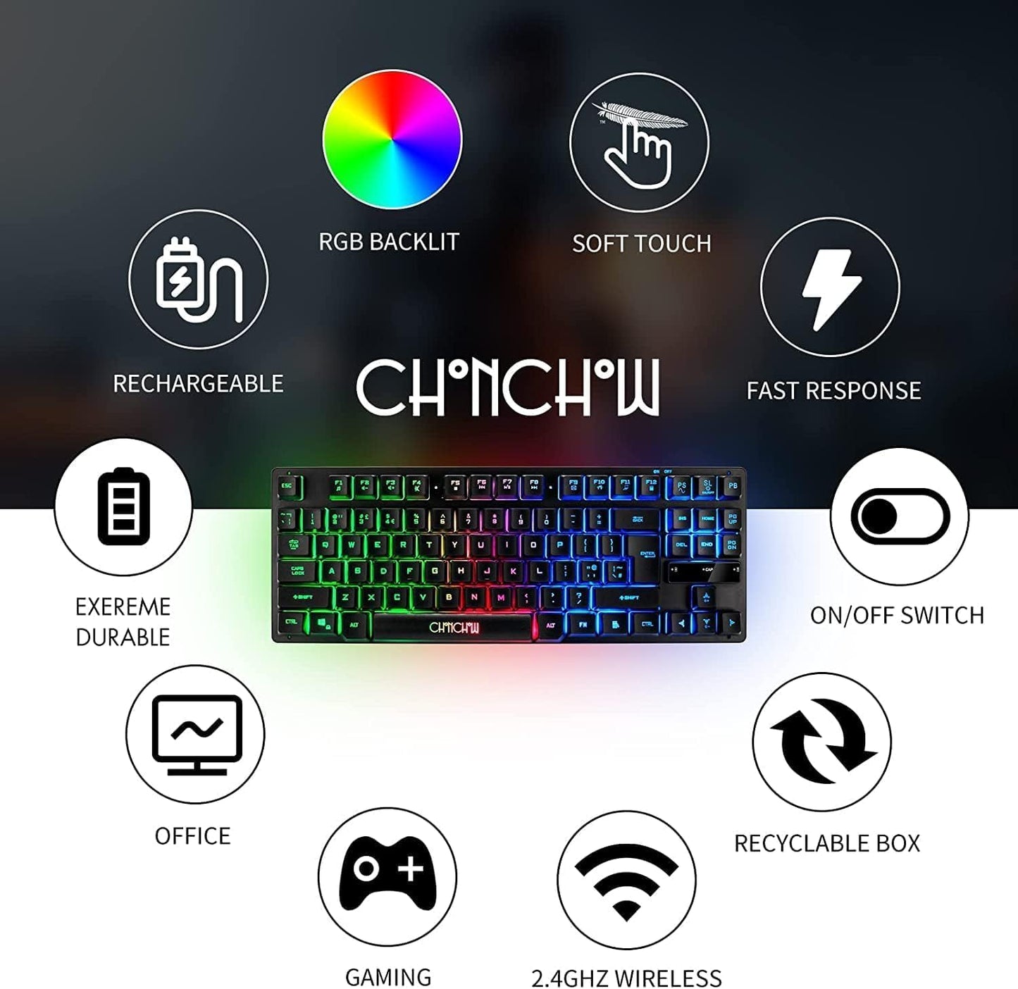 Wireless Gaming Keyboard and Mouse Combo Rechargeable Led Backlit Key Board Mice Wired for PS4 PS5 Switch Laptop Computer Compatible with Windows XP 7/8/10 Linux iMac MacBook Xbox one X - CHONCHOW