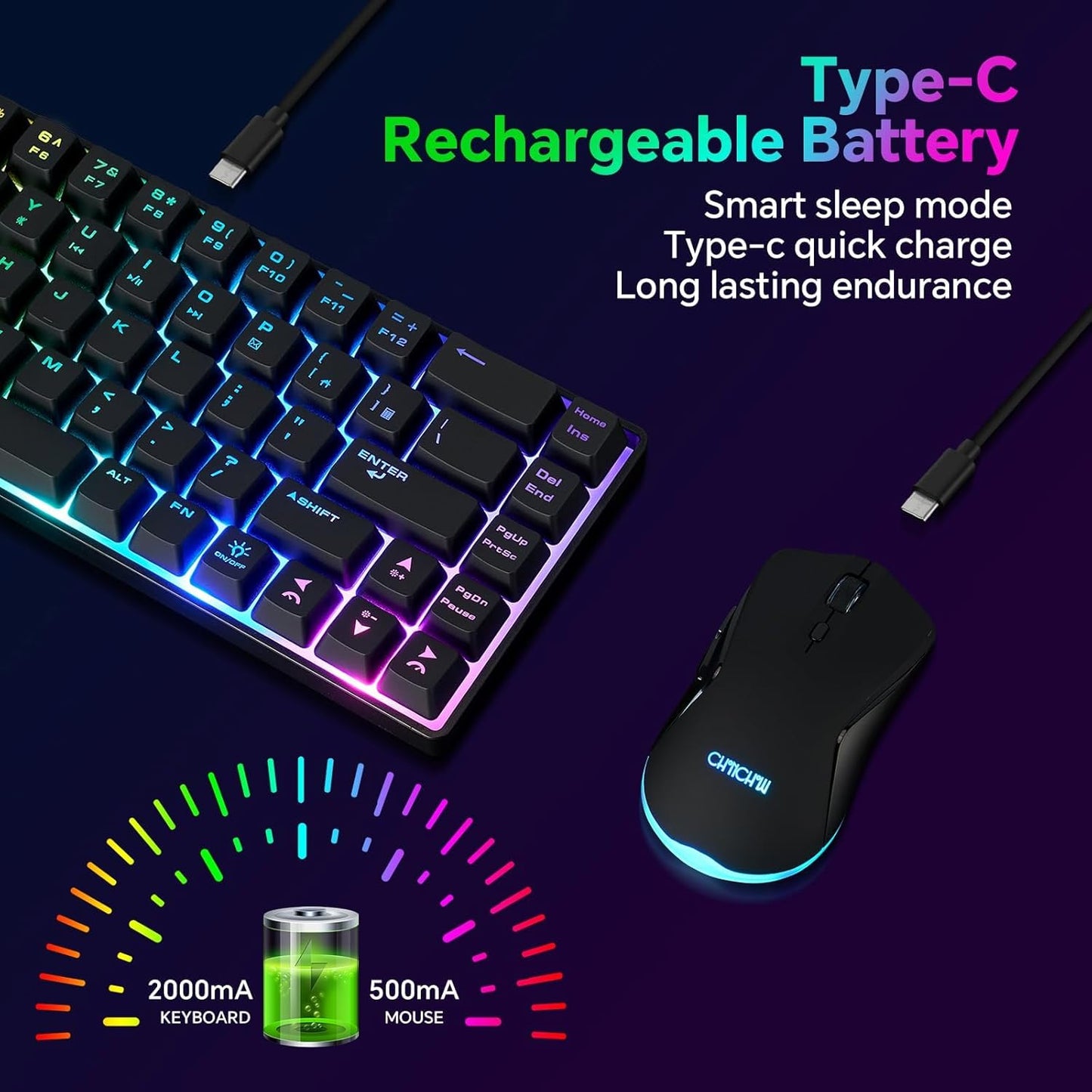 CHONCHOW 60% Wireless Gaming Keyboard and Mouse Combo, RGB Backlit Rechargeable LED Light Up Keyboards, 68 Keys Ultra Compact Wireless Keyboard and Ergonomic Gaming Mouse for Xbox PS4 PS5 PC Laptop - CHONCHOW