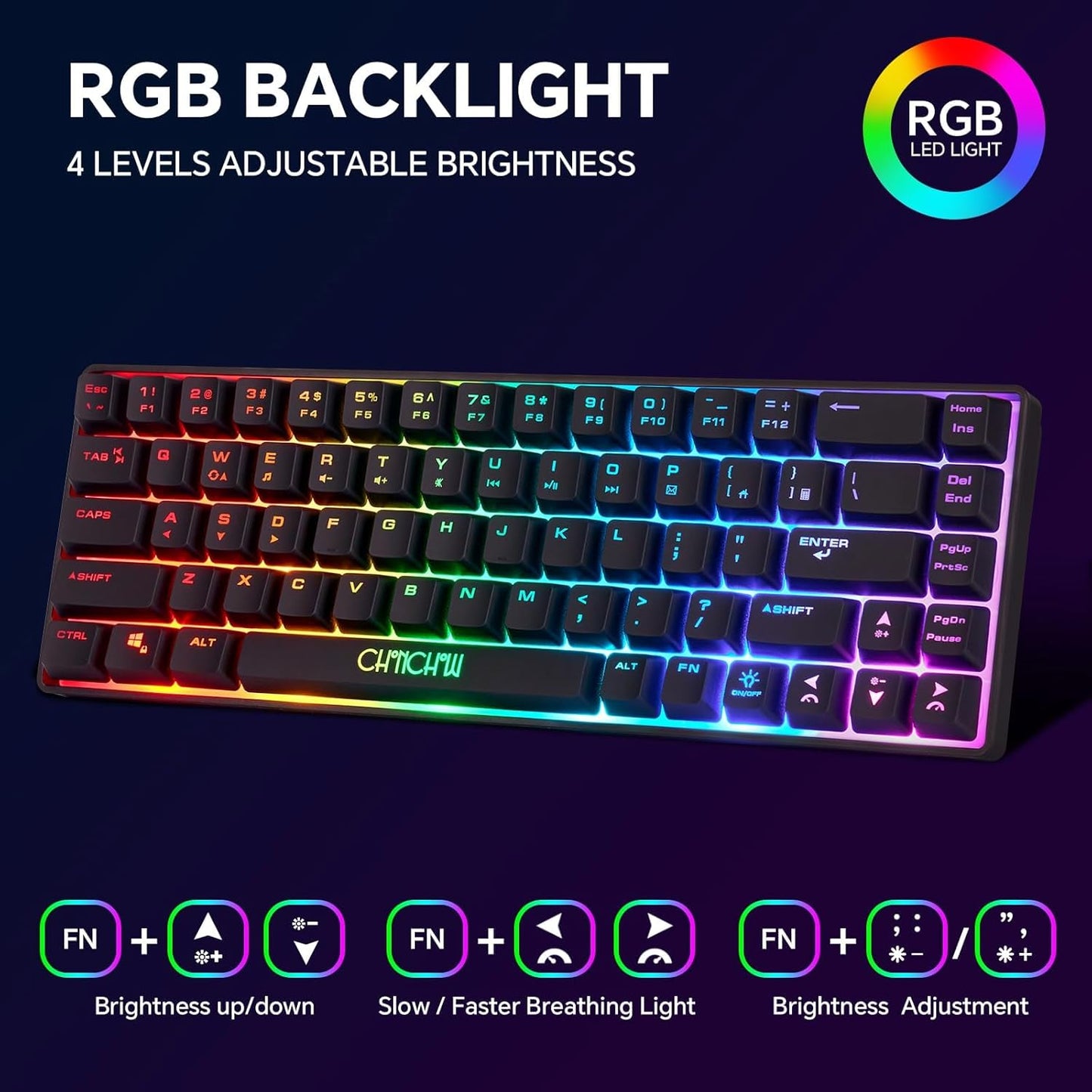 CHONCHOW 60% Wireless Gaming Keyboard and Mouse Combo, RGB Backlit Rechargeable LED Light Up Keyboards, 68 Keys Ultra Compact Wireless Keyboard and Ergonomic Gaming Mouse for Xbox PS4 PS5 PC Laptop - CHONCHOW
