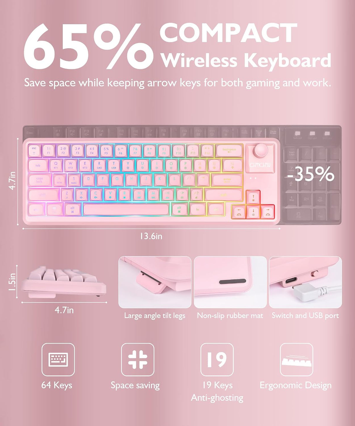 65% Wireless Gaming Pink Keyboard with RGB Light Up, Tri-mode, Volume Knob