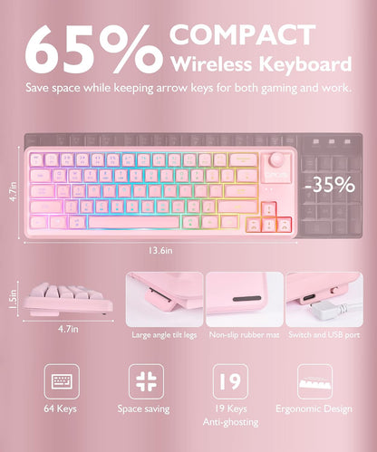 65% Wireless Gaming Pink Keyboard with RGB Light Up, Tri-mode, Volume Knob