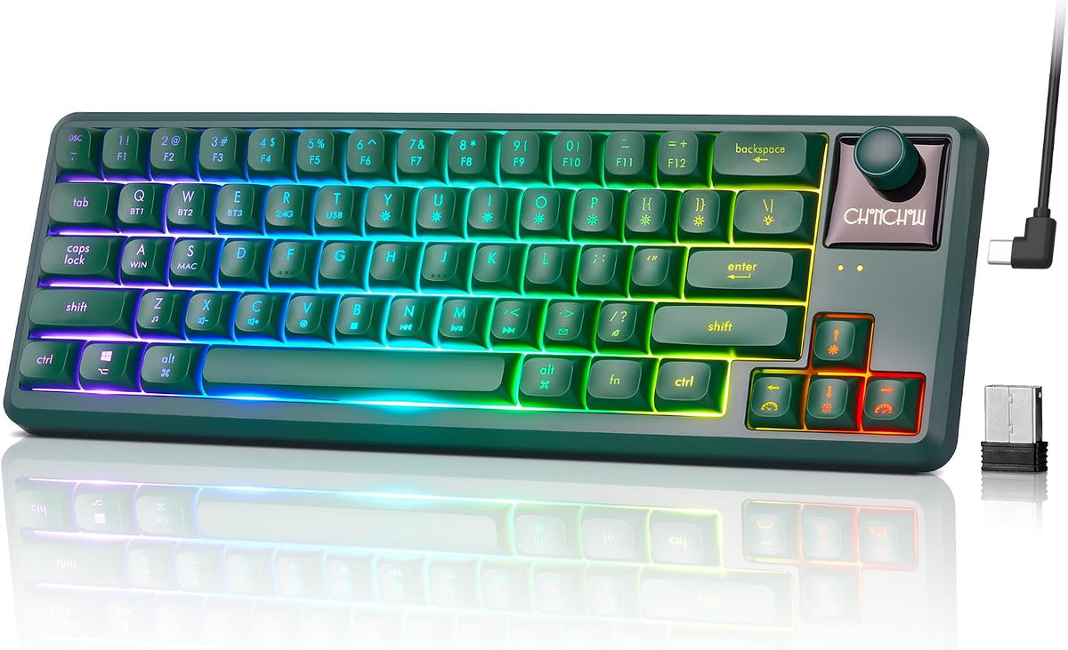 65% Wireless RGB Gaming Keyboard with Tri-Mode, LED/Volume Knob for WIN/Mac