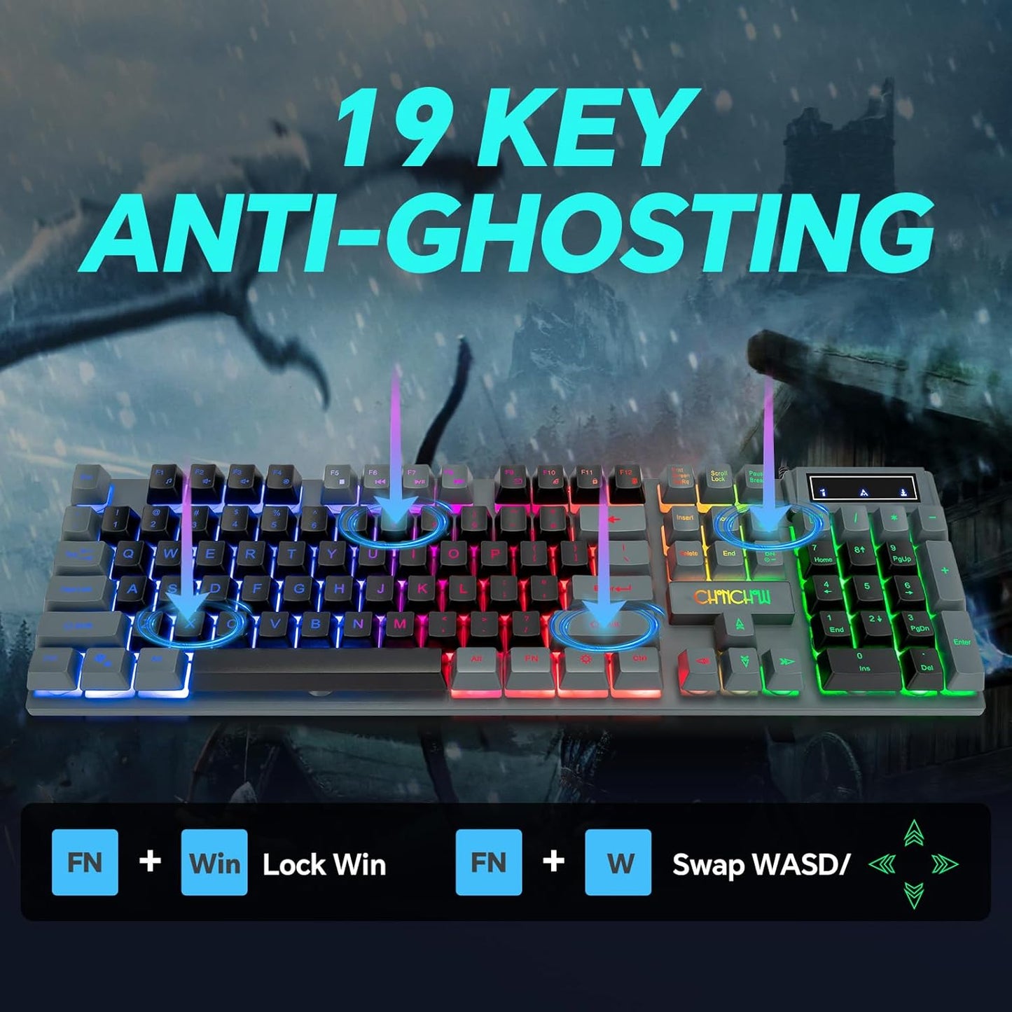 CHONCHOW Gaming Keyboard and Mouse Combo LED Backlit 104Keys Full Size Keyboard Light Up USB Wired Mechanical Feel 3600 DPI Gaming Mic for Windows PC Mac Xbox Gamer, Black&Grey - CHONCHOW