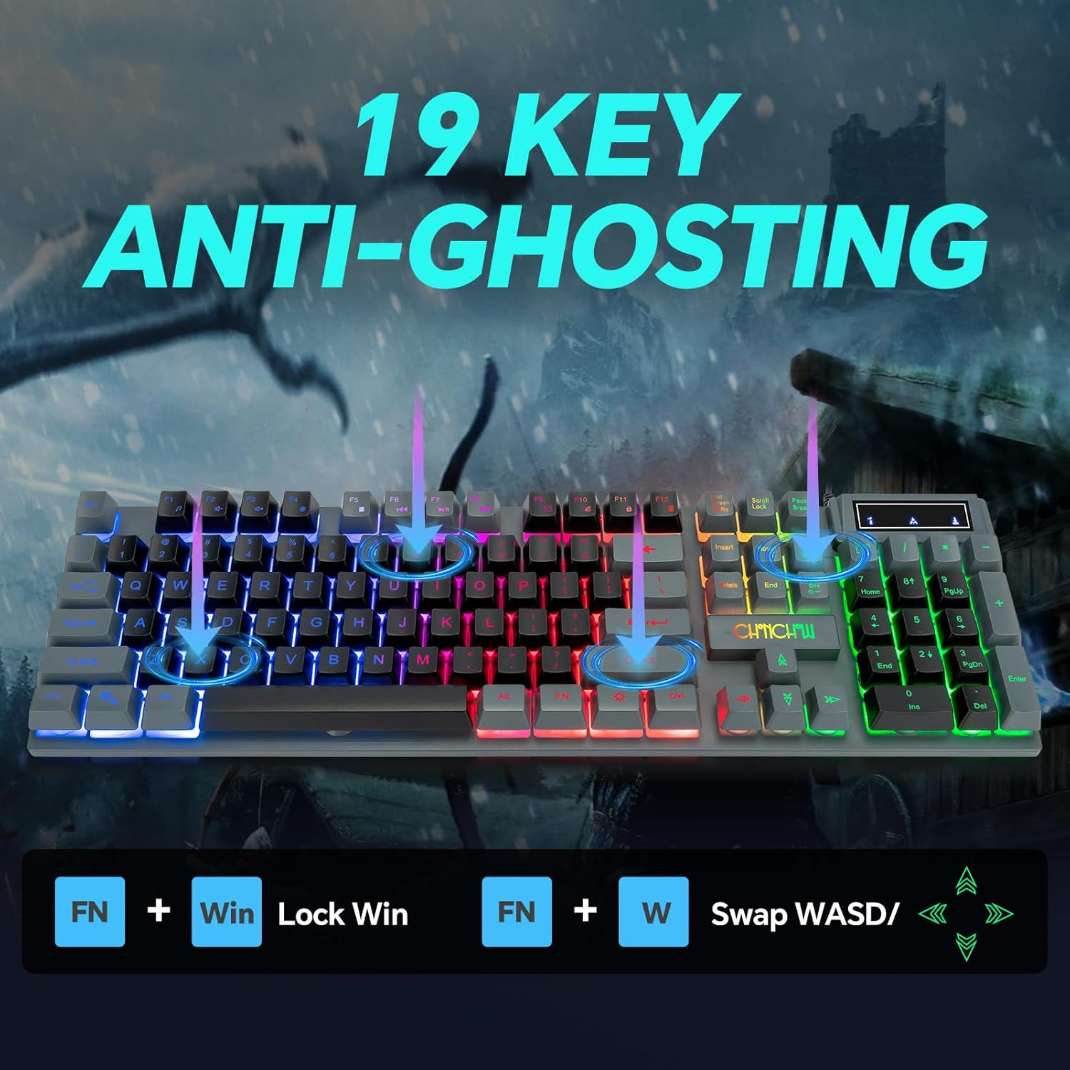 CHONCHOW Gaming Keyboard and Mouse Combo LED Backlit 104Keys Full Size Keyboard Light Up USB Wired Mechanical Feel 3600 DPI Gaming Mic for Windows PC Mac Xbox Gamer, Black&Grey - CHONCHOW