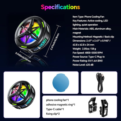 Magnetic/Clip-On USB Phone Cooler for Gaming/Video/Live/Vlog,Cell Phone Fan