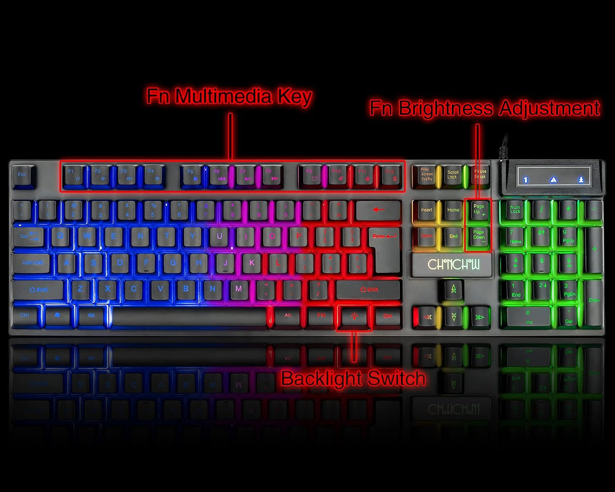Keyboard and Mouse Gaming LED Wired Combo with Emitting Character Keyboard 4800DPI 2 Side Button USB Mouse Rainbow Backlit Mechanical Feeling Compatible with PC Raspberry Pi Mac Xbox one ps4 - CHONCHOW