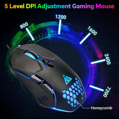 CHONCHOW Gaming Keyboard and Mouse Combo, USB Wired RGB Backlit Anti-Ghosting Silent Keyboard with Ergonomic Wrist Rest & Phone Holder, 7D 7200DPI Gaming Mouse for PC Gamer Xbox PS4 PS5 - CHONCHOW