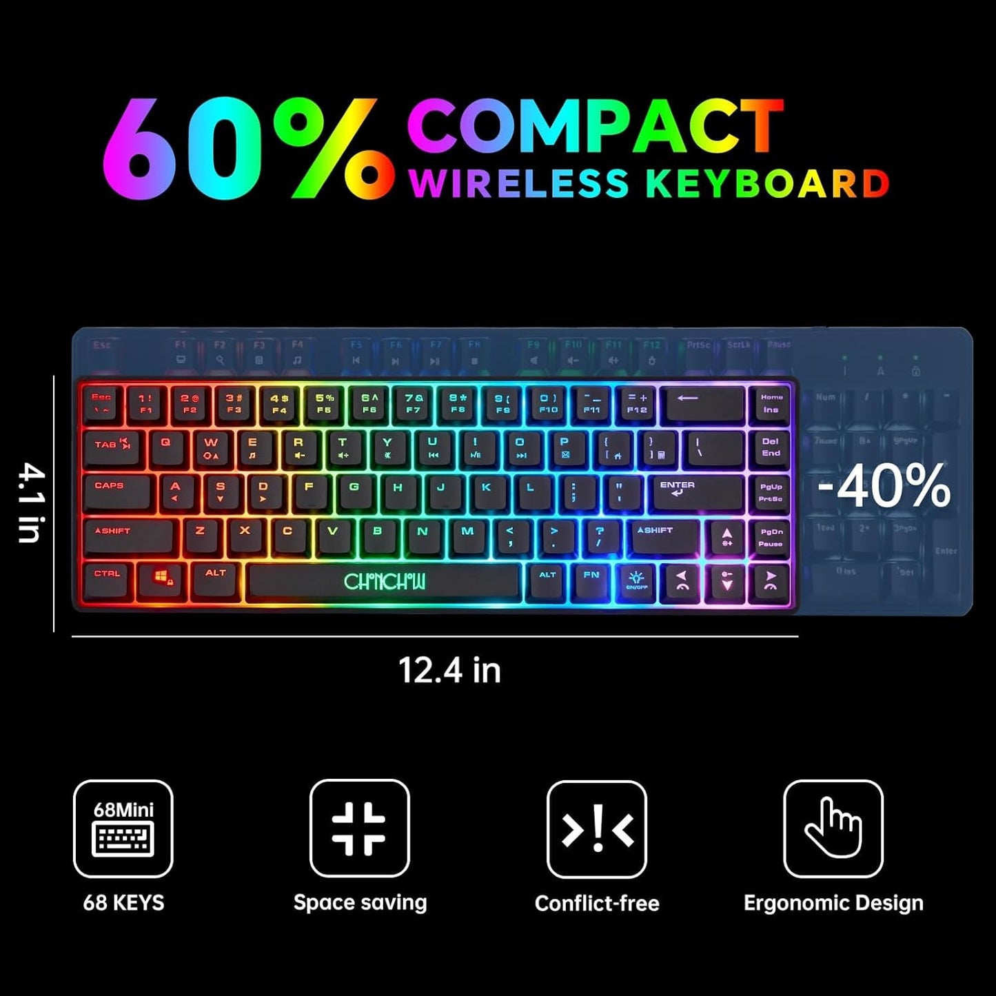 CHONCHOW 60% Wireless Gaming Keyboard and Mouse Combo, RGB Backlit Rechargeable LED Light Up Keyboards, 68 Keys Ultra Compact Wireless Keyboard and Ergonomic Gaming Mouse for Xbox PS4 PS5 PC Laptop - CHONCHOW