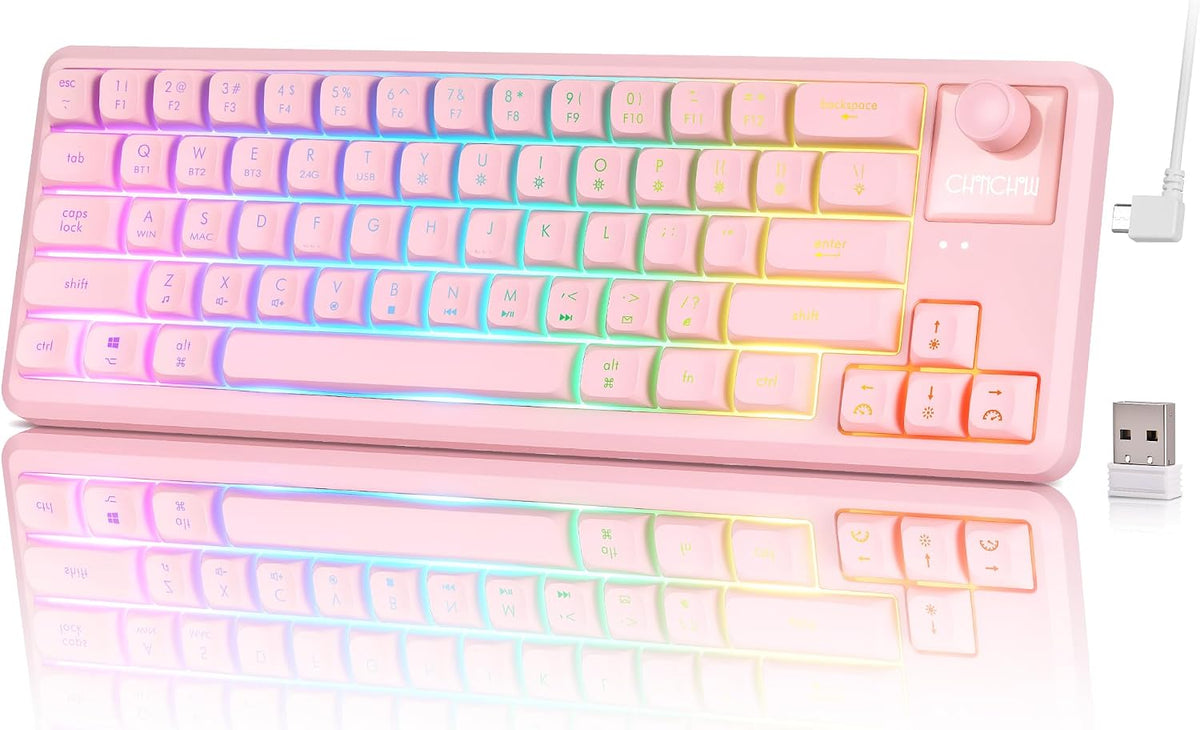 65% Wireless Gaming Pink Keyboard with RGB Light Up, Tri-mode, Volume Knob