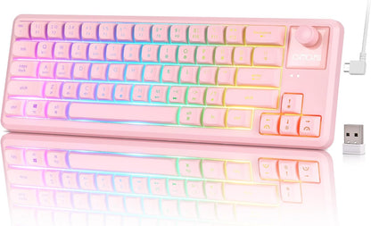 65% Wireless Gaming Pink Keyboard with RGB Light Up, Tri-mode, Volume Knob