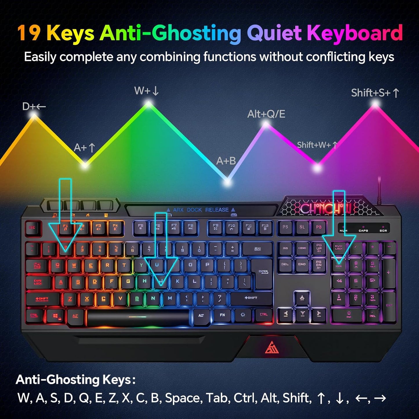 CHONCHOW Gaming Keyboard and Mouse Combo, USB Wired RGB Backlit Anti-Ghosting Silent Keyboard with Ergonomic Wrist Rest & Phone Holder, 7D 7200DPI Gaming Mouse for PC Gamer Xbox PS4 PS5 - CHONCHOW