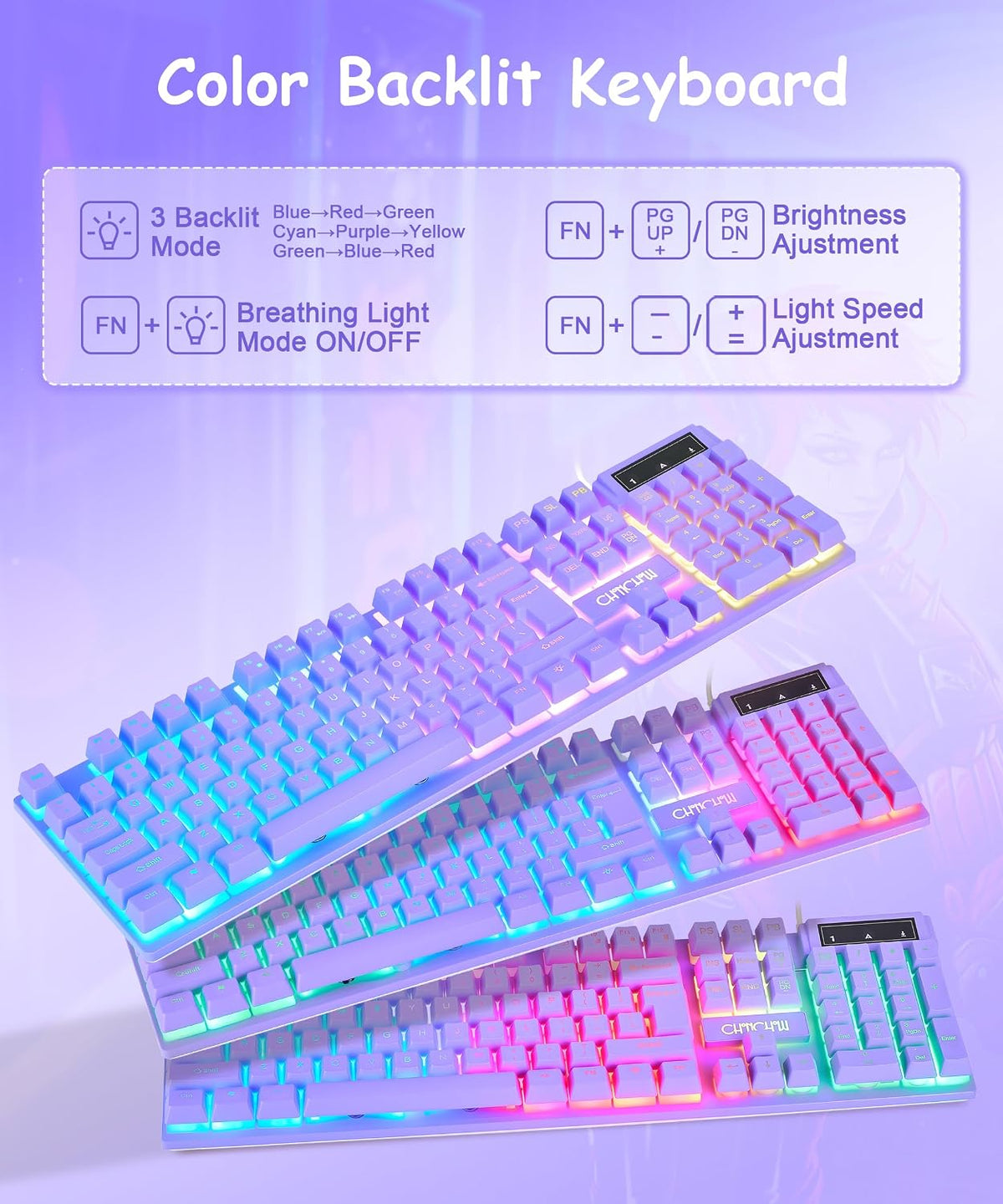 Purple Gaming Keyboard Light Up with USB Wired,3 Mix Color LED for Computer