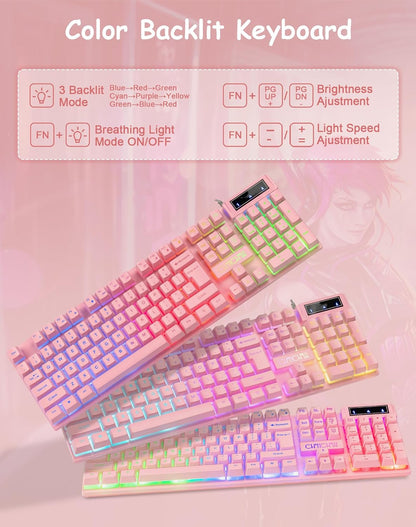 Light Up Cute Pink Gaming Keyboard, 104 Keys Full Size, Number Pad, 19 Keys Anti-Ghosting, Multimedia Function Keys, 3 Colors LED Backlit, USB Wired Creamy Keyboard for PC, Computer, Desktop, Laptop - CHONCHOW