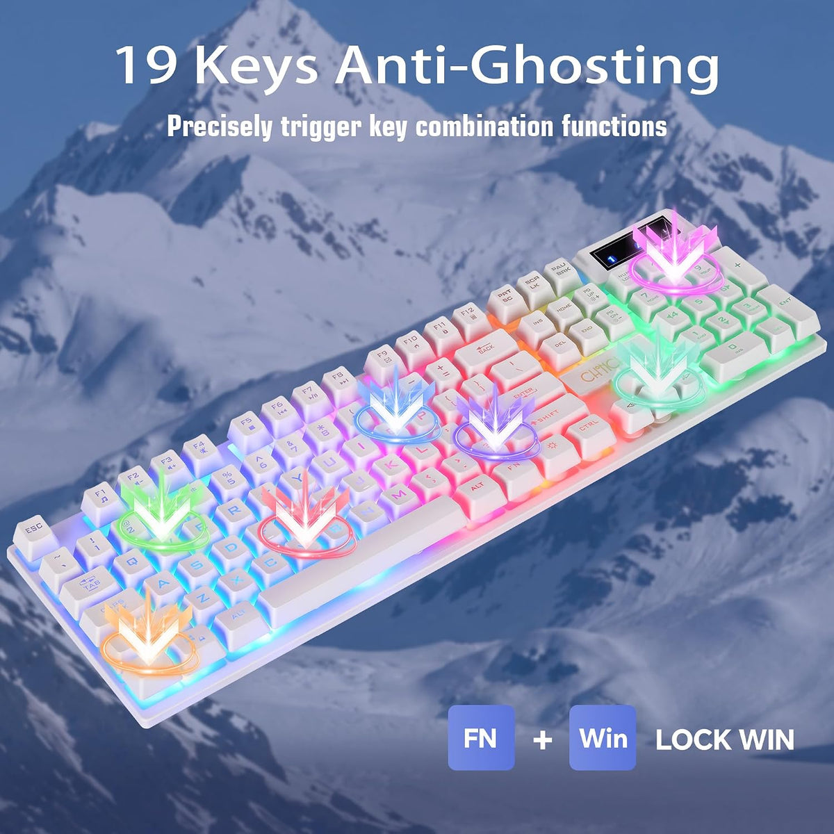 CHONCHOW 1910 White Gaming Keyboard and Mouse LED Backlit 104Keys Full Size - CHONCHOW