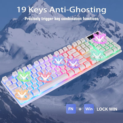 CHONCHOW 1910 White Gaming Keyboard and Mouse LED Backlit 104Keys Full Size - CHONCHOW
