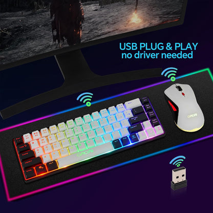 60% Wireless Gaming Keyboard and Mouse Combo, RGB Backlit Rechargeable