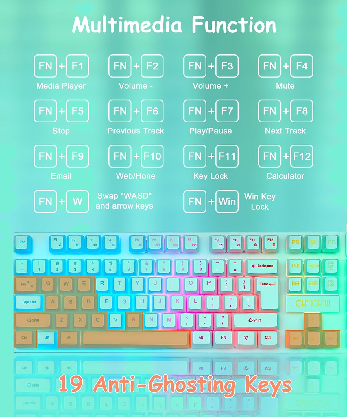 Gaming Teal Keyboard Wired with Color Backlit, Membrane, Quiet for Computer