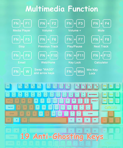 Gaming Teal Keyboard Wired with Color Backlit, Membrane, Quiet for Computer
