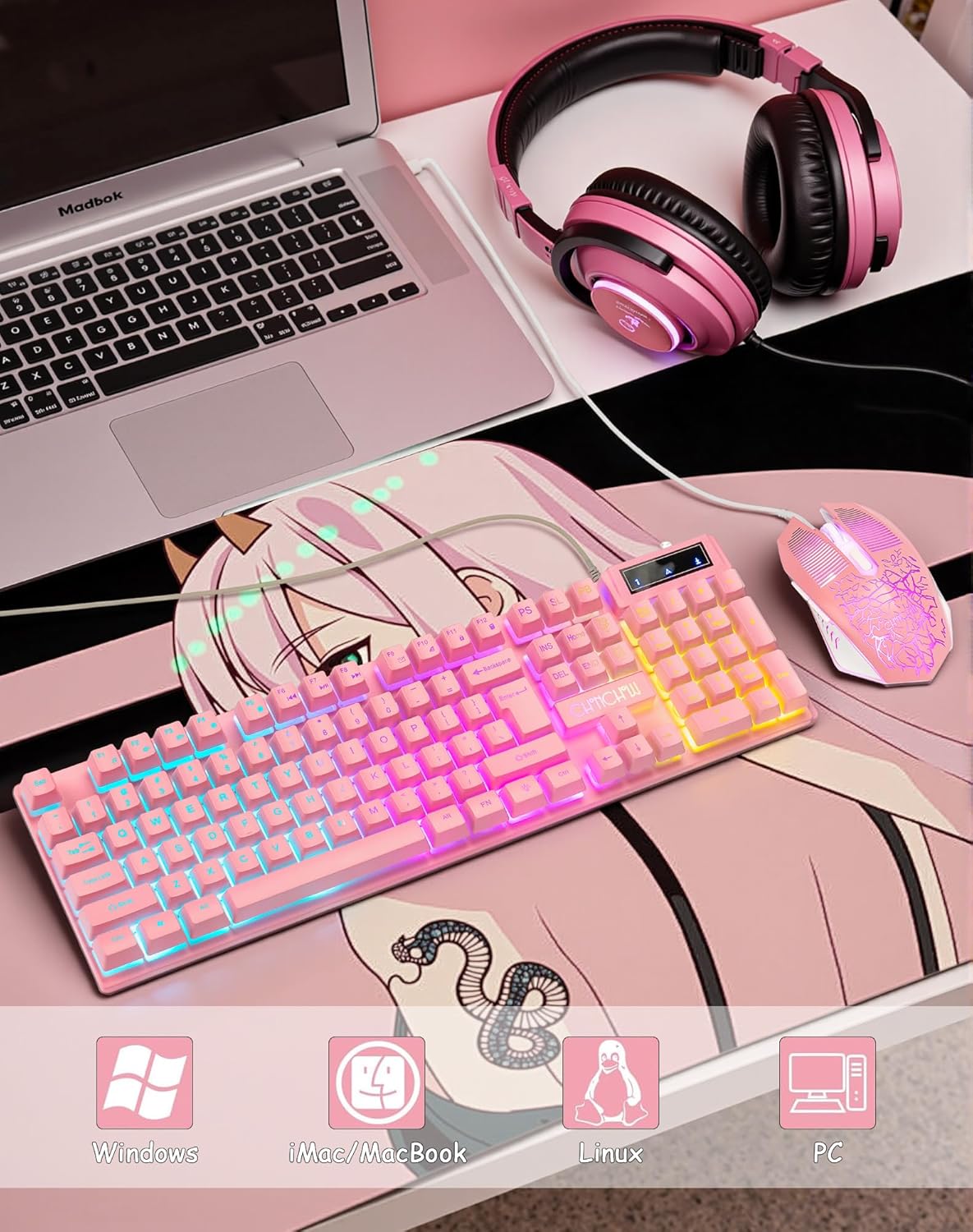 Light Up Cute Pink Gaming Keyboard, 104 Keys Full Size, Number Pad, 19 Keys Anti-Ghosting, Multimedia Function Keys, 3 Colors LED Backlit, USB Wired Creamy Keyboard for PC, Computer, Desktop, Laptop - CHONCHOW