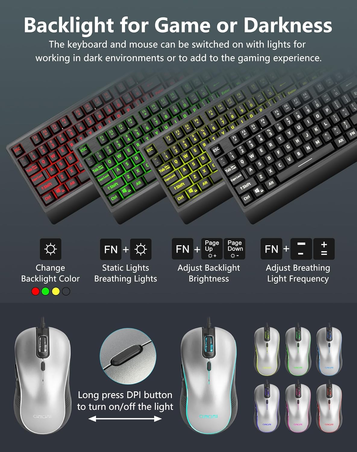 USB Wired Keyboard and Mouse Combo with Red-Yellow-Green LED, Silent Gaming Keyboard with 12 Mulitmedia Keys, Light Up Large Print for Elderly, Low Vision, RGB Backlit Mouse for PC Computer PS5 Laptop - CHONCHOW