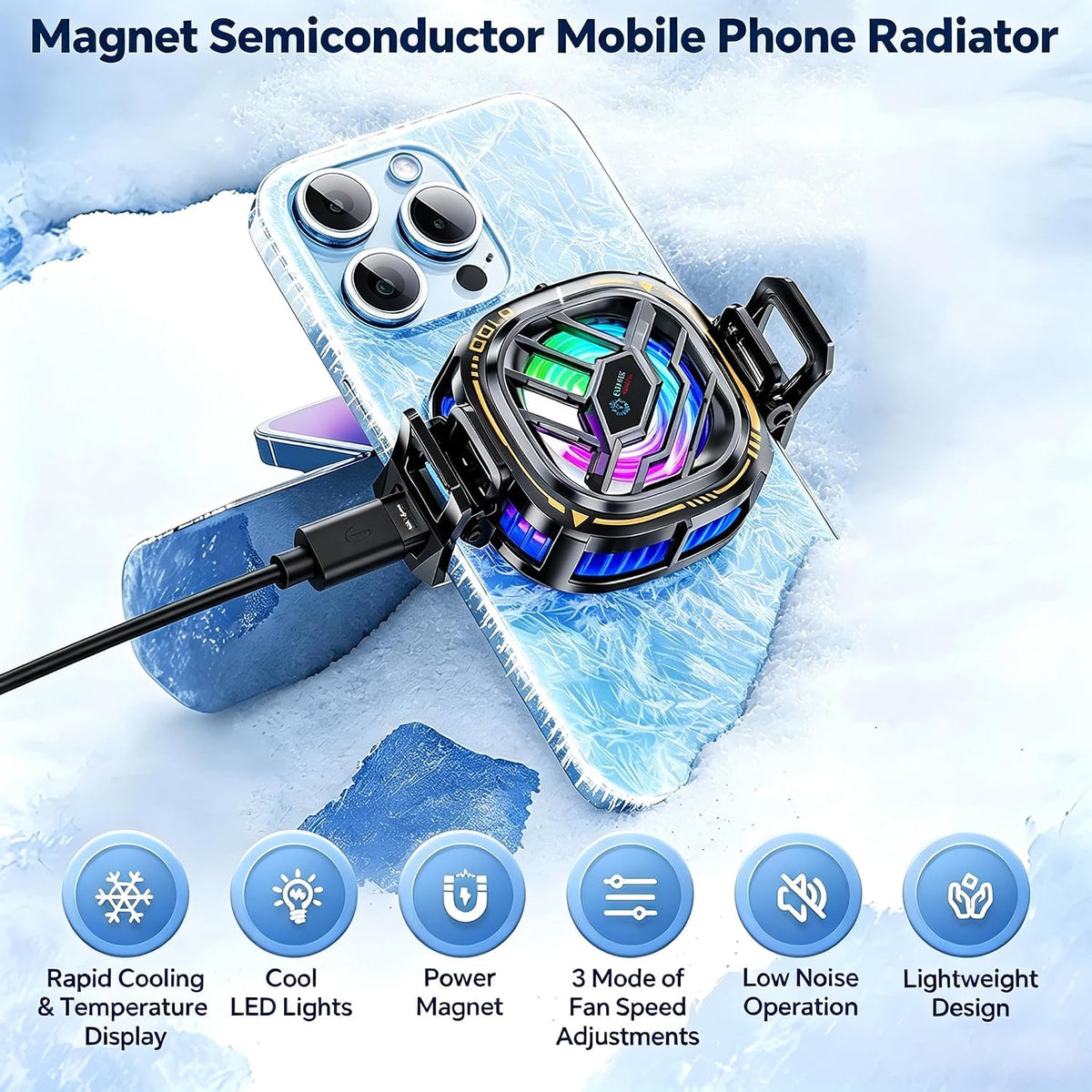CHONCHOW Magnetic Cell Phone Cooler, RGB Phone Cooling Fan Portable Lightweight Mobile Phone Cooling Fan, Phone Radiator with Larger Cooling Area for Phone/Tablet/IPad (with Digital displays) - CHONCHOW