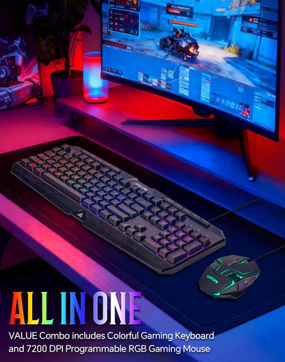 Wired Gaming Keyboard and Mouse Combo with LED Backlit,10 Dedicated Multimedia Keys, 19 Anti-ghosting Keys, Light Up Computer Keyboard, Programmable 7200 DPI RGB Mice with Software for PC Xbox PS5 PS4 - CHONCHOW