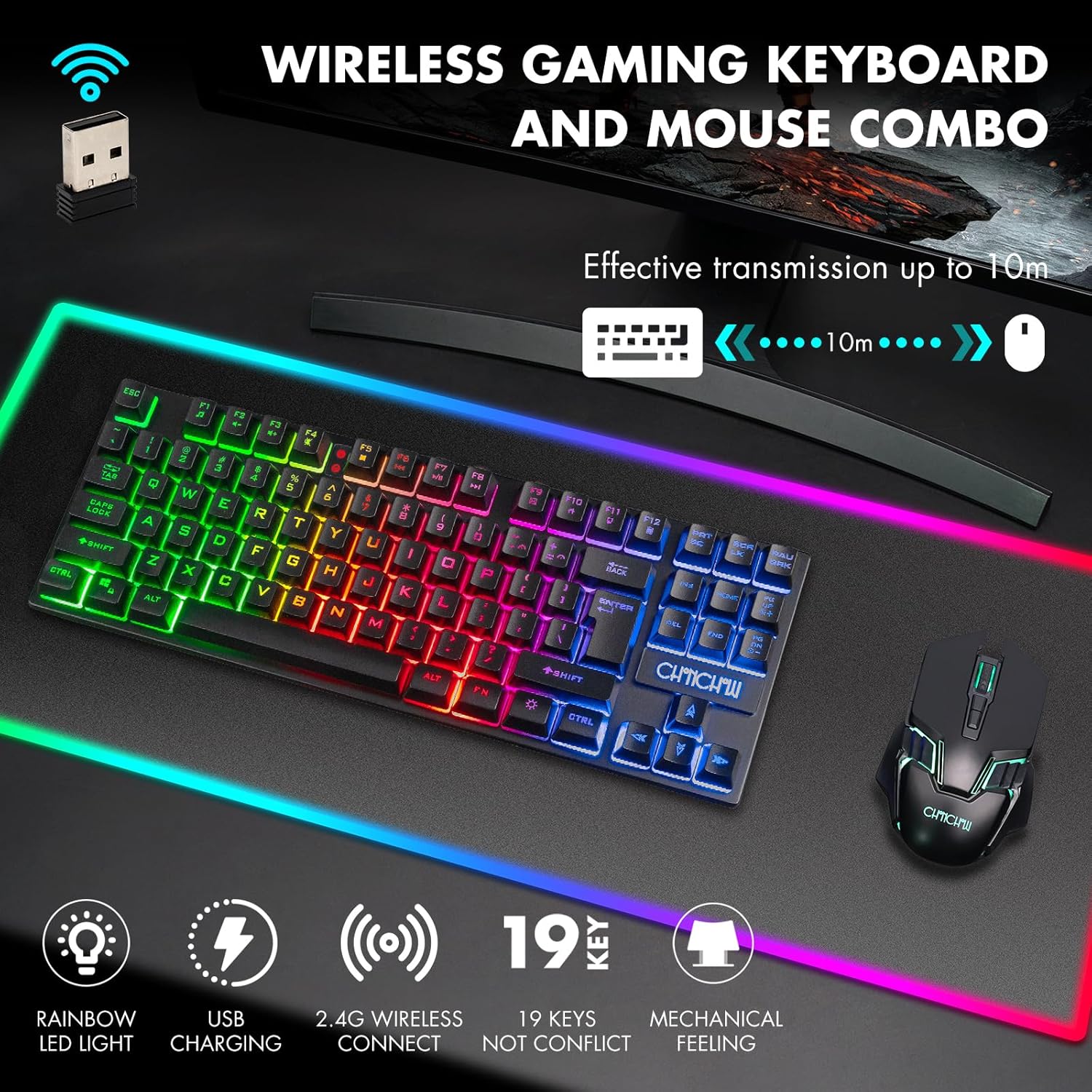 Wireless Gaming Keyboard and Mouse Combo Rechargeable Led Backlit Key Board Mice Wired for PS4 PS5 Switch Laptop Computer Compatible with Windows XP 7/8/10 Linux iMac MacBook Xbox one X - CHONCHOW