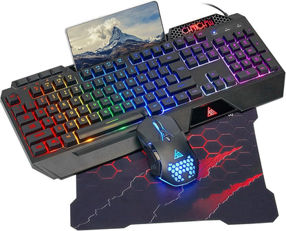 CHONCHOW Gaming Keyboard and Mouse Combo, USB Wired RGB Backlit Anti-Ghosting Silent Keyboard with Ergonomic Wrist Rest & Phone Holder, 7D 7200DPI Gaming Mouse for PC Gamer Xbox PS4 PS5 - CHONCHOW