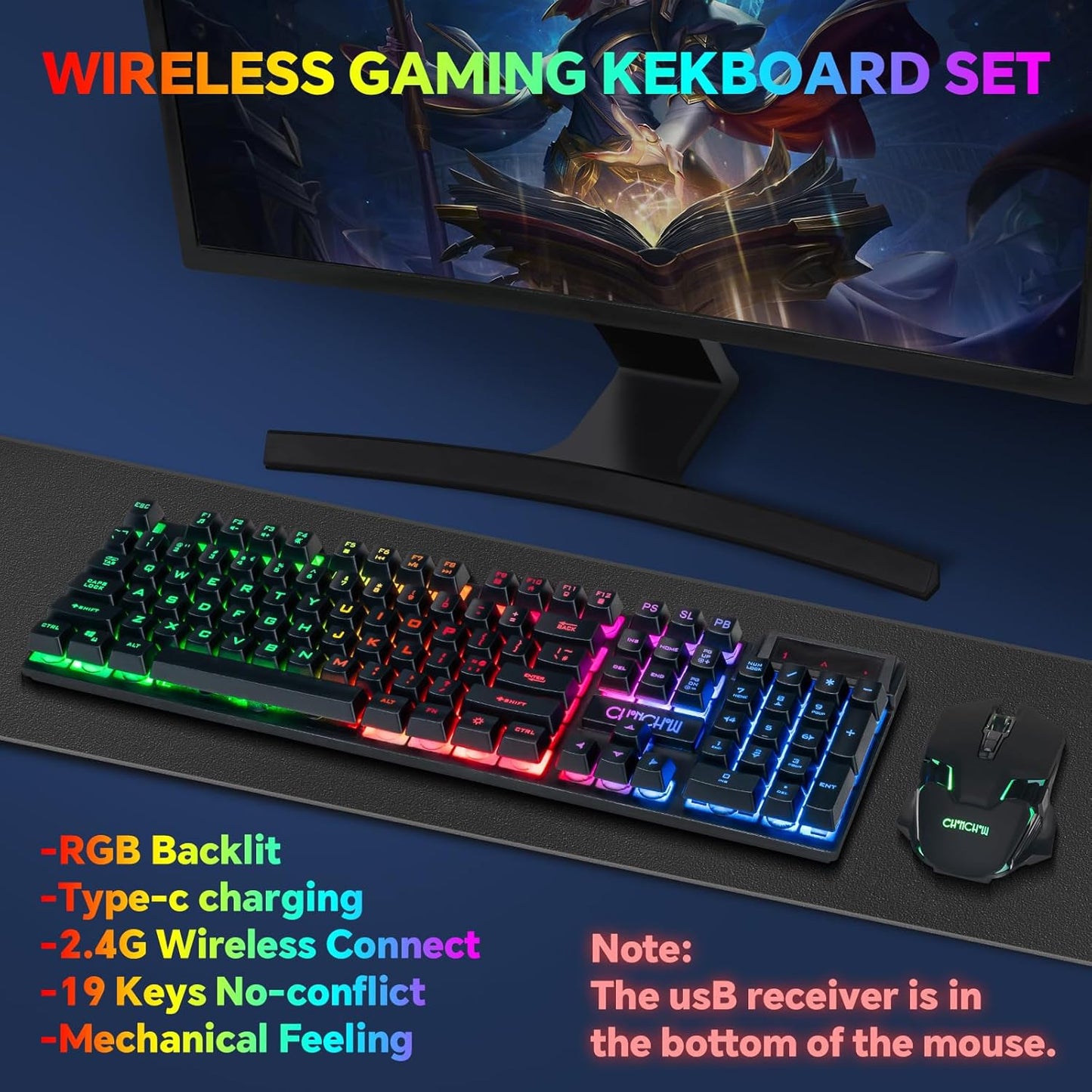CHONCHOW USB Wireless Gaming Keyboard and Mouse Combo, LED Backlit Ergonomic Mechanical Feeling Keyboard,Rechargeable 2500mAh Battery, Anti-ghosting Keyboard 7D 3600DPI Mice for PC Gamer - CHONCHOW