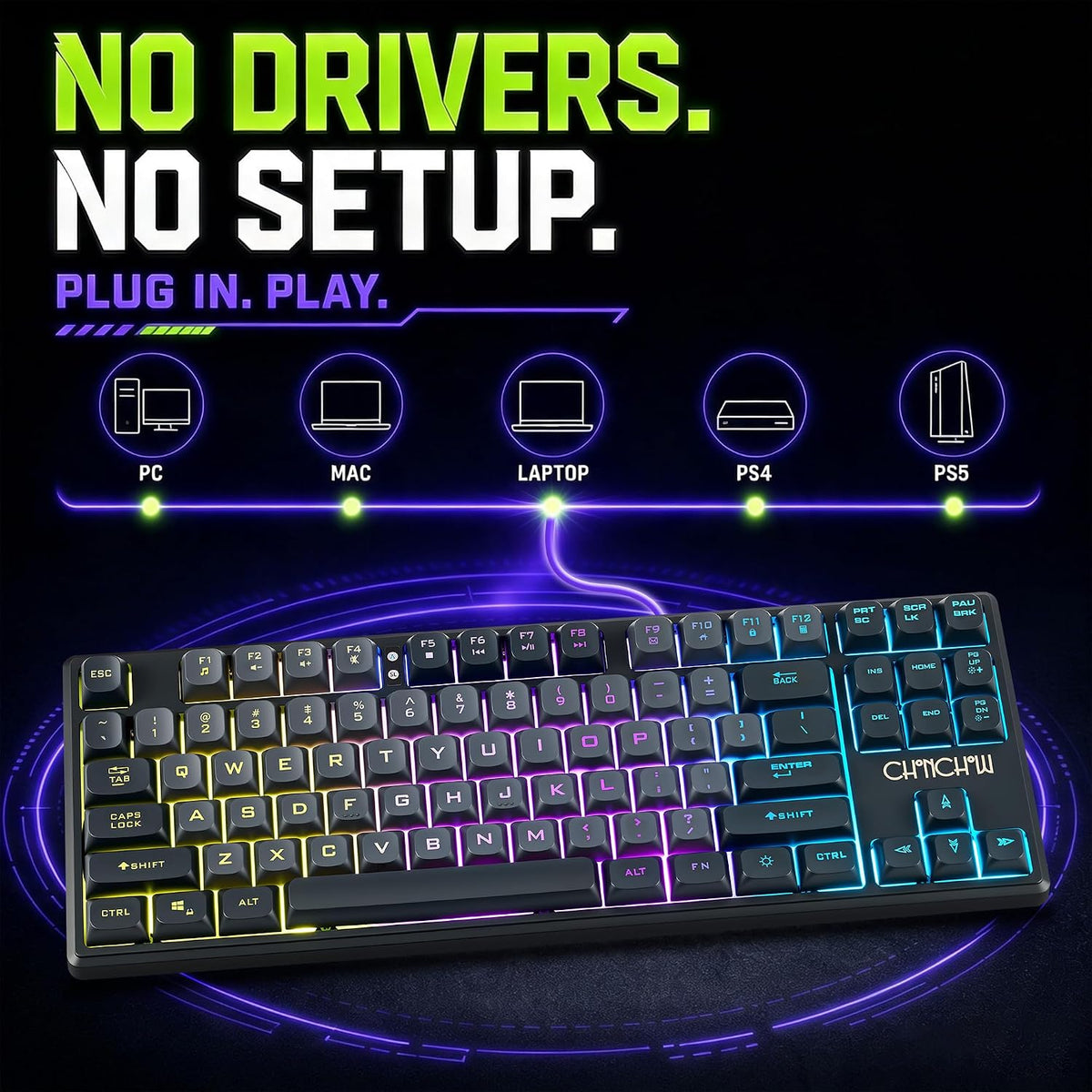 CHONCHOW TKL Gaming Keyboard Wired, Anti Ghosting 87 Keys FPS for PC PS5