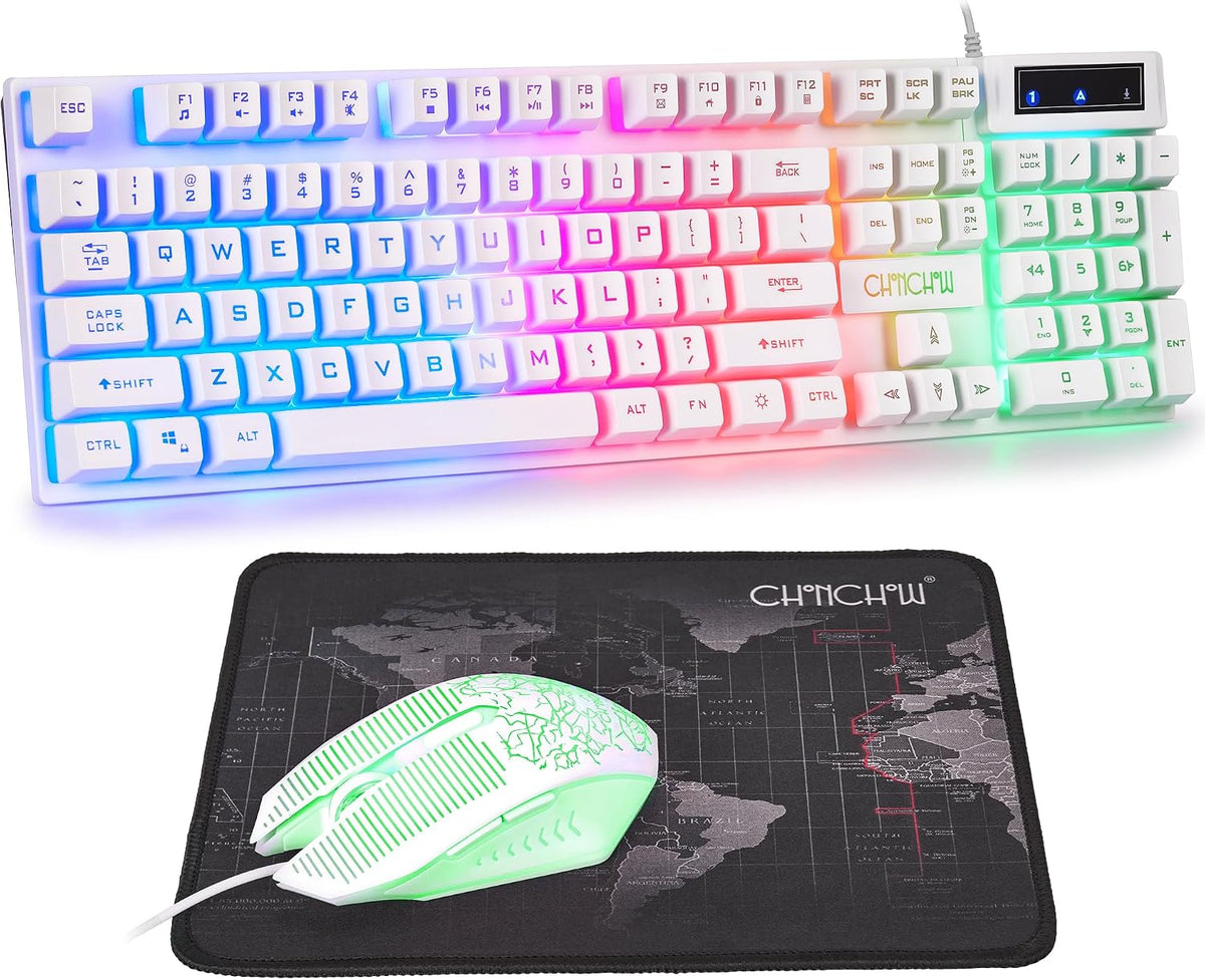 CHONCHOW 1910 White Gaming Keyboard and Mouse LED Backlit 104Keys Full Size - CHONCHOW