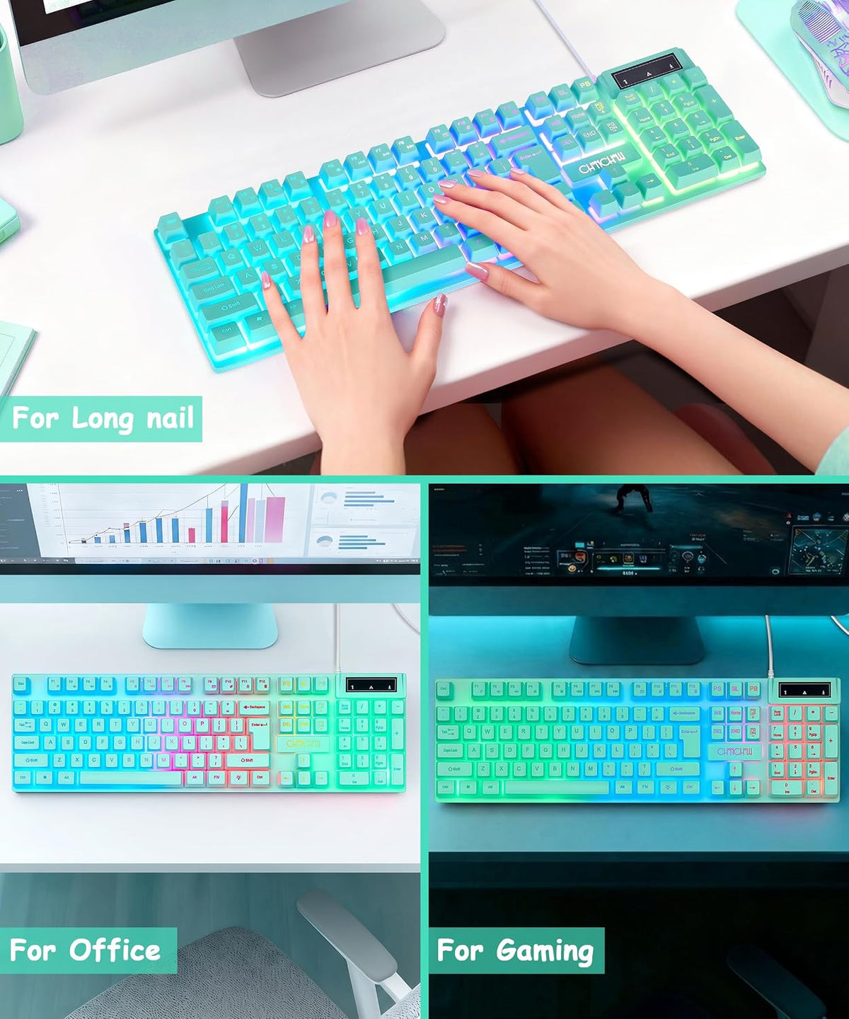 Gaming Teal Keyboard Wired with Color Backlit, Membrane, Quiet for Computer