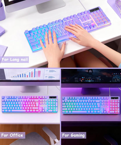 Purple Gaming Keyboard Light Up with USB Wired,3 Mix Color LED for Computer