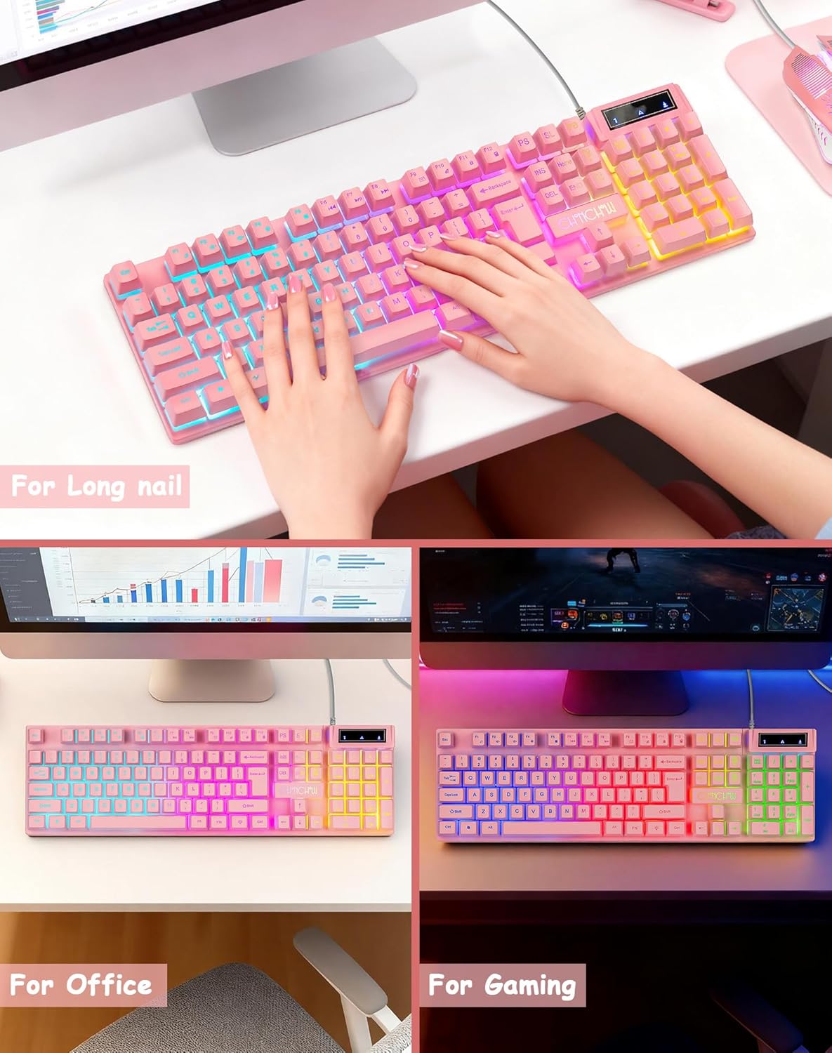 Light Up Cute Pink Gaming Keyboard, 104 Keys Full Size, Number Pad, 19 Keys Anti-Ghosting, Multimedia Function Keys, 3 Colors LED Backlit, USB Wired Creamy Keyboard for PC, Computer, Desktop, Laptop - CHONCHOW