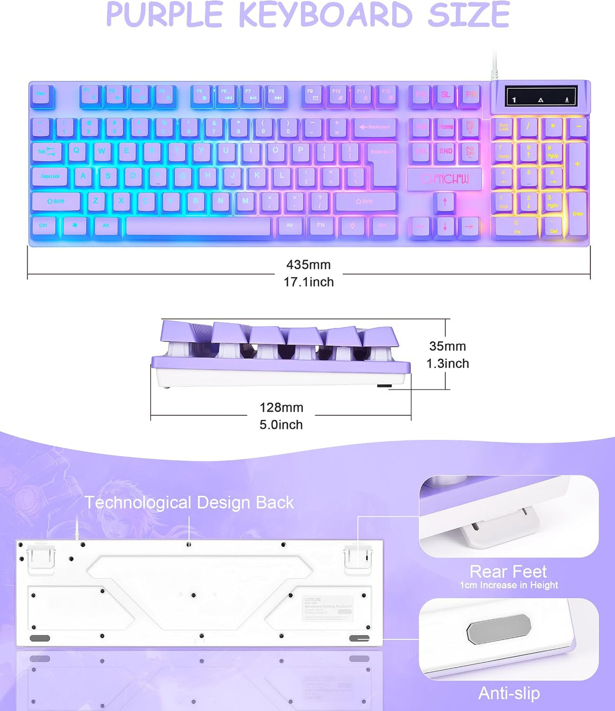 Purple Gaming Keyboard Light Up with USB Wired,3 Mix Color LED for Computer