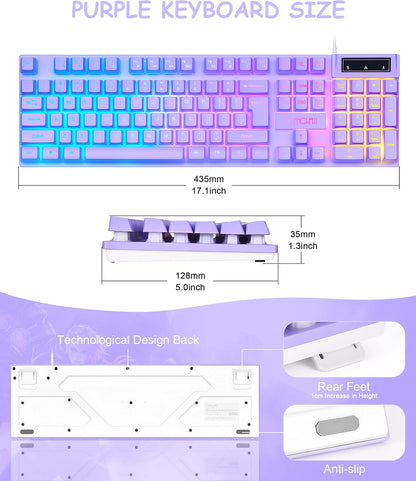 Purple Gaming Keyboard Light Up with USB Wired,3 Mix Color LED for Computer