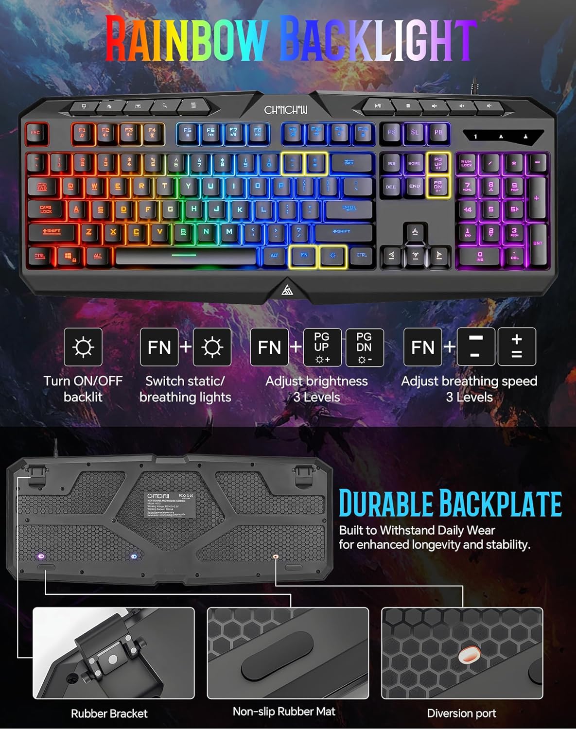 Wired Gaming Keyboard and Mouse Combo with LED Backlit,10 Dedicated Multimedia Keys, 19 Anti-ghosting Keys, Light Up Computer Keyboard, Programmable 7200 DPI RGB Mice with Software for PC Xbox PS5 PS4 - CHONCHOW